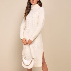 Lulus Snuggly Forecast Cream Cable Knit Turtleneck Sweater Midi Dress White